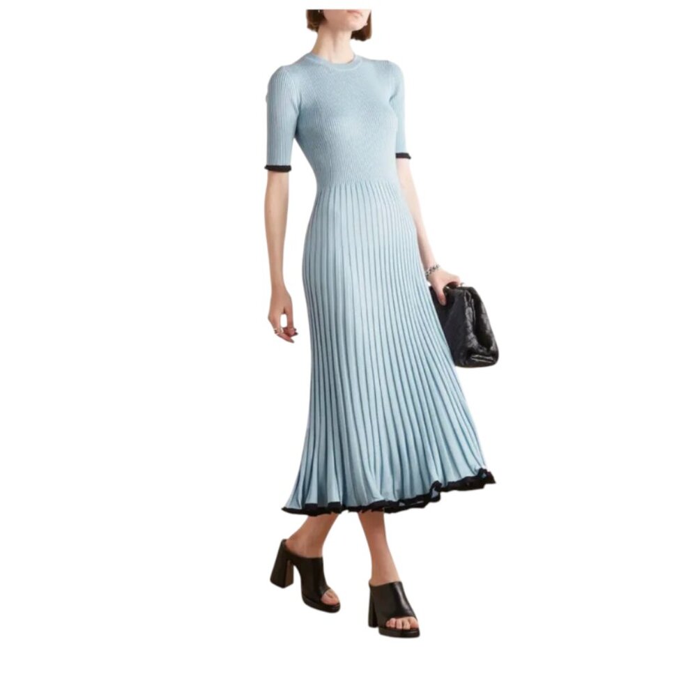 NWOT Proenza Schouler Rib Knit Midi Dress Womens Large Blue Black Crew Neck Silk - Picture 3 of 14